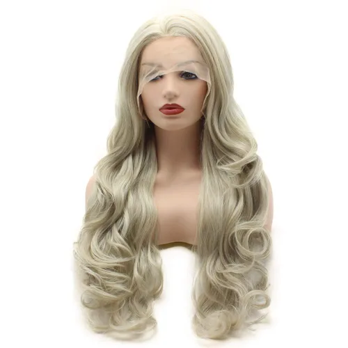Miniatura 3 de Peluca de cabello ondulado largo de 26 pulgadas, dos tonos, mezcla de rubio blanco, resistente al calor, densidad pesada, realista, peluca de encaje