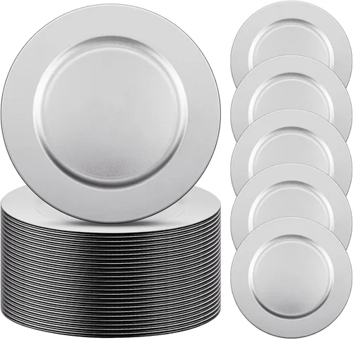 Miniatura 10 de Tanlade 50 Platos Base Plateados al Por Mayor, Plato Base Redondo de Plástico de 13", Platos Base Brillantes Plateados para Mesa, Platos de Servicio
