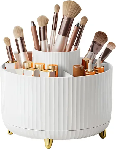 Miniatura 8 de DASITON Soporte para brochas de maquillaje de gran capacidad, organizador de maquillaje giratorio de 360°, 5 ranuras para brochas de maquillaje