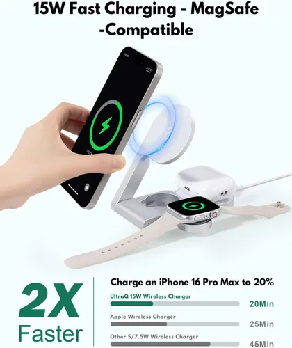 Miniatura 2 de Estación de carga inalámbrica 3 en 1 2026, estación de carga rápida Mag-Safe para cargador MagSafe de Apple, con cargador USB C, soporte de cargador