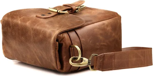 Miniatura 4 de Bolso bandolera para cámara de piel auténtica MegaGear, para cámaras mirrorless, dispositivo electrónico portátil Marrón