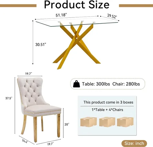 Miniatura 3 de Juego de mesa de comedor de cristal para cocina de 4, 5 piezas, mesa de comedor rectangular de 51 pulgadas con 4 sillas de cocina de terciopelo