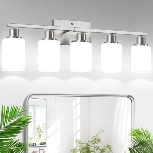 Miniatura 29 de Indoi Lámparas de baño de 4 luces, luces de tocador de níquel cepillado con pantallas de vidrio transparente, moderna lámpara de pared de baño
