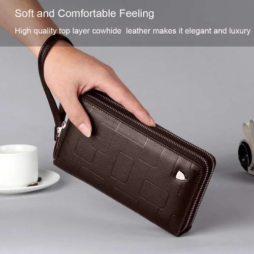 Miniatura 2 de Bolso de mano para hombre, bolso de cuero genuino con cremallera, cartera larga para negocios, bolso de mano grande