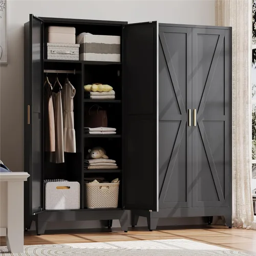 Baborokic Armario de metal con barra para colgar, armario grande de 71" con estantes y puertas ajustables, armarios de oficina de metal estilo Negro