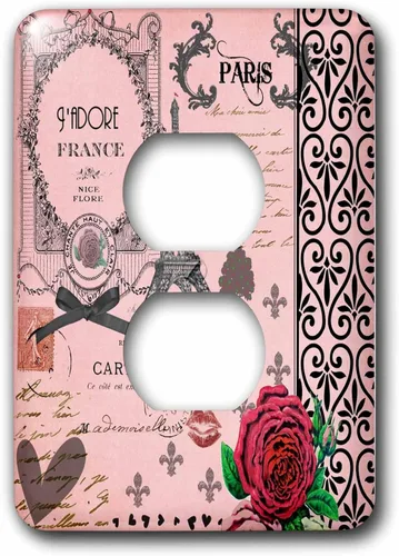 3dRose lsp_76593_6 pulgadas elegante vintage rosa collage de Paris Art-Eiffel Torre Roja Rosa Femenina Gótico Negro Arco y Remolinos 2 Enchufes