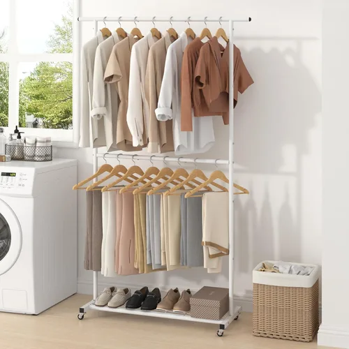 Miniatura 5 de Sywhitta Perchero de ropa de doble barra, colgador de abrigos rodante con malla inferior, perchero para colgar ropa, abrigos, faldas, suéteres