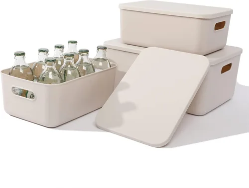 Yishyfier Cestas de Almacenamiento de Plástico con Tapa Contenedor Organizador Contenedores Organizadores de Tejido de Punto con Tapa para Estantes,