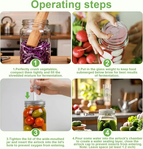 Miniatura 6 de Paquete de 4 kits de fermentación para tarro Mason de boca ancha, incluye 4 pesos de fermentación de vidrio, 4 tapas de fermentación, 4 esclusas