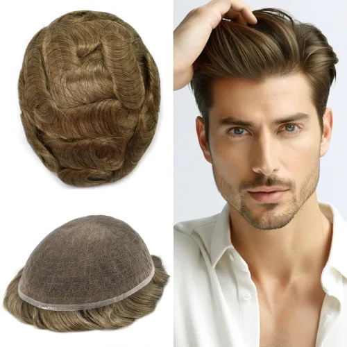 Miniatura 100 de Toupee For Men Real Human Hair System Mens Hair Piece Breathable Mens Toupee Durable Men Hairpiece 6X8#1 Jet Black 80% Density