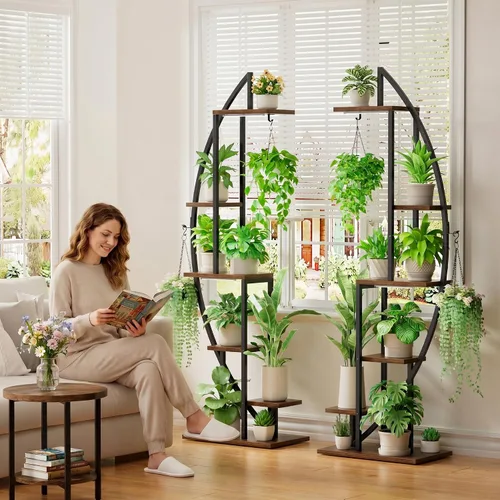 Miniatura 5 de BACEKOLL Soporte para Plantas de Interior con Luces de Crecimiento, Estante Alto para Plantas de 6 Niveles, Soporte de Metal de 63" para Plantas