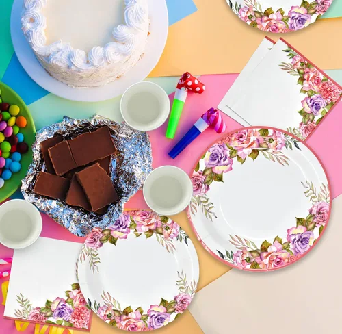 Miniatura 6 de Gift Boutique Juego de 96 piezas de suministros de fiesta de flores rosas y moradas, platos de papel, servilleta para niña, baby shower, té