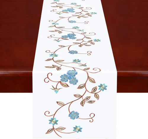 Miniatura 8 de Caminos de mesa pequeños y cortos de doble grosor con bordado floral rústico para primavera y verano, bufanda de tocador (azul, 14 x 35 pulgadas)
