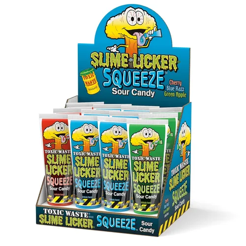 Toxic Waste Slime Licker Squeeze Sour Candy Green Apple Blue Razz Cherry Paquete de 12