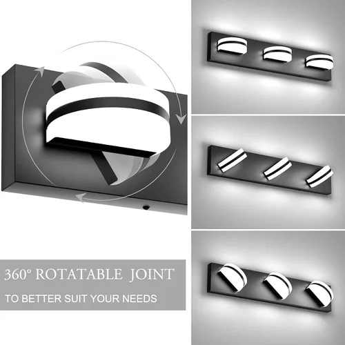 Miniatura 4 de Aipsun Lámpara de tocador negra moderna regulable, luz LED acrílica, 3 luces de pared de baño (luz blanca, 6000 K)