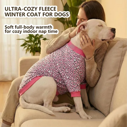 Miniatura 5 de LovinPet Chaqueta para mastín, ropa de invierno ligera de franela mejorada, tela agradable a la piel, ropa fina con estampado de leopardo rosa