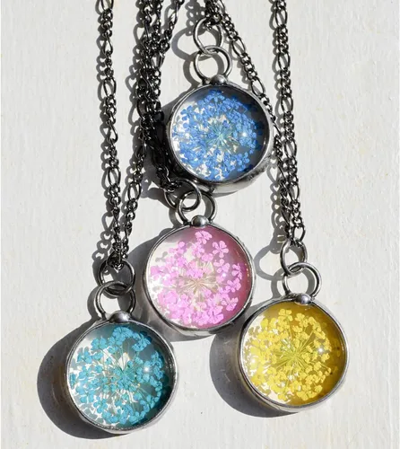 Miniatura 11 de Queen Anne's - Collar de encaje con colgante de flor prensada real en cristal hecho a mano, joyería de flores silvestres, collares de encaje