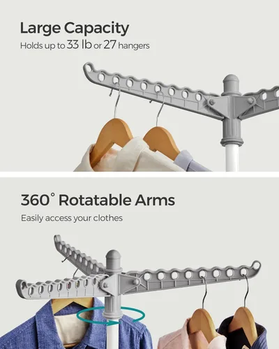 Miniatura 16 de SONGMICS ULLR510B01 - Estante de secado de ropa plegable de 59 pulgadas con 3 brazos giratorios para perchas, 4 patas, acero inoxidable, para 27