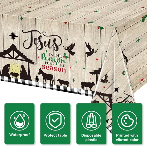 Miniatura 3 de WovWeave Mantel de Navidad de 3 piezas, mantel de Navidad con texto en inglés "Merry Christmas", mantel rectangular de plástico con diseño de Jesús