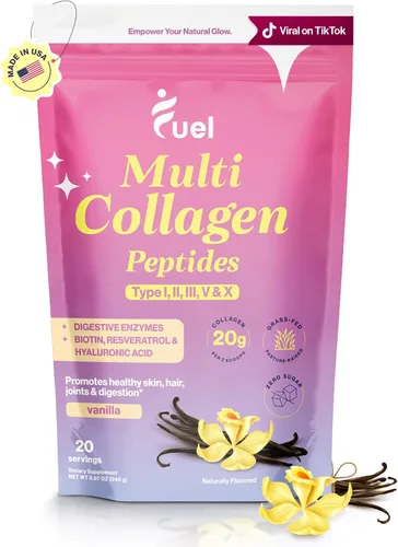 Fuel Polvo de péptidos de colágeno múltiple – 0.71 oz de colágeno hidrolizado tipos I, II, III, V y X – Soporte para cabello, piel, uñas y