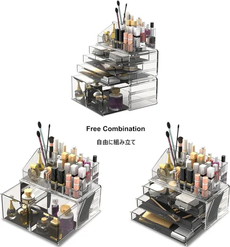 Miniatura 7 de READAEER Organizador de maquillaje, 3 piezas, estuche de almacenamiento de cosméticos con 6 cajones (transparente)