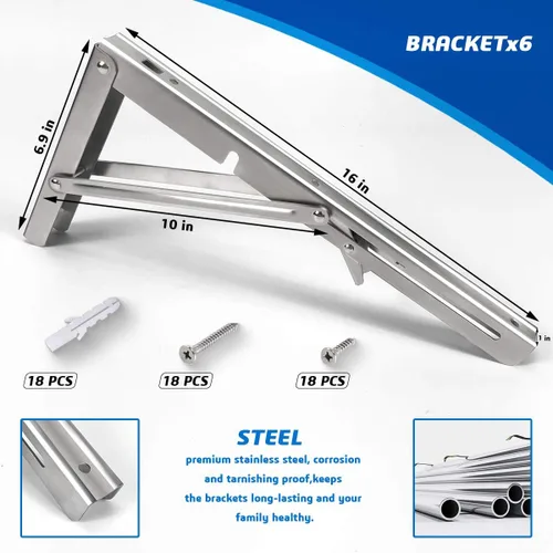 Miniatura 2 de Soportes plegables para estantes de 16 pulgadas, bisagras plegables de acero inoxidable resistente, soporte en L para montaje en pared, soporte en L