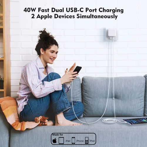 Miniatura 5 de Cargador rápido para iPhone, cargador para iPhone 14 [certificado MFi] de 40 W, bloque de cargador de pared plegable de doble puerto USB-C rápido