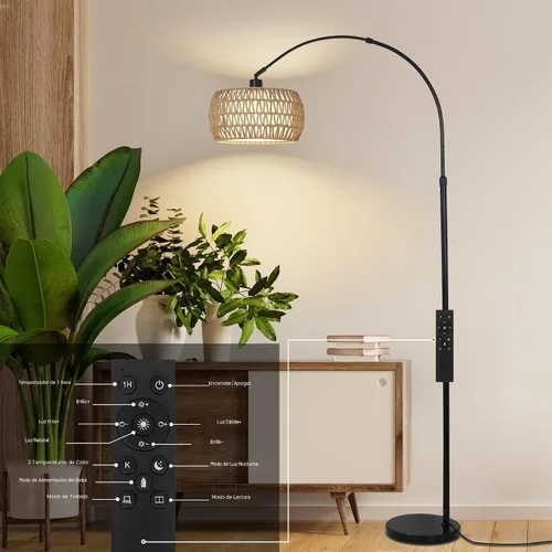 Miniatura 7 de Lámparas de pie arqueadas para sala de estar con 3 temperaturas de color, lámpara de pie negra con control remoto y bombilla LED regulable, lámpara