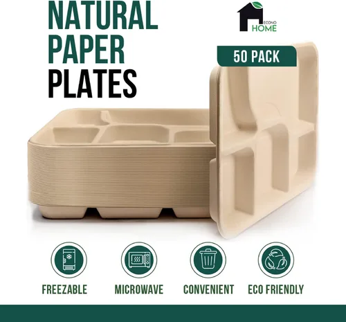 Miniatura 2 de EconoHome Paquete de 50 platos desechables con 5 compartimentos, bandeja compostable de caña de azúcar y bagazo ecológica, apta para microondas