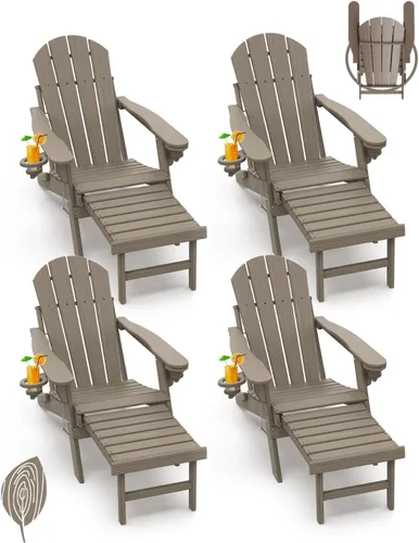 Miniatura 12 de GREENVINES Sillas Adirondack con Otomano Juego de 2 Grano de Madera Plegable Reposapiés Retráctil Plástico HDPE Silla para Hoguera Todo