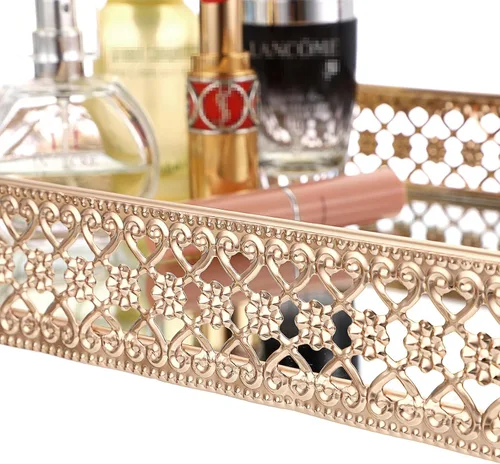 Miniatura 5 de ELLDOO Bandeja Dorada para Perfumes y Maquillaje - Almacenamiento de Joyas con Tallado Hueco, Organizador de Baratijas de Cristal y Metal para Dorado