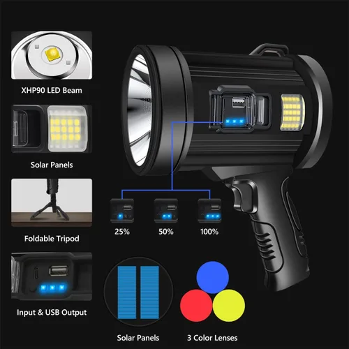 Miniatura 4 de Foco Reflector de 1000000 Lúmenes, 6 Modos Linterna LED Recargable Como Se Ve en TV con Trípode, 3 Filtros de Color, Luces Solares Super Brillantes