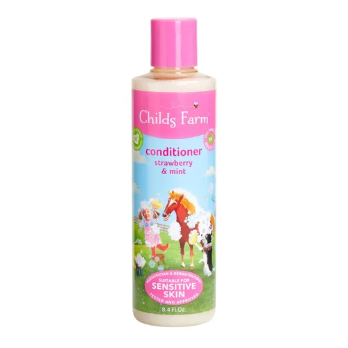 Childs Farm, Acondicionador de cabello infantil para piel seca y sensible y cuero cabelludo, fresa y menta orgánica, acondiciona y nutre, vegano,