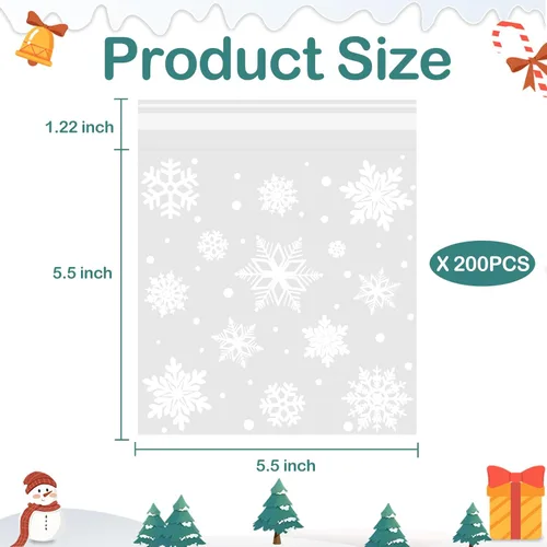 Miniatura 2 de Coopay 200 bolsas para galletas de Navidad con copos de nieve, pequeñas bolsas de celofán para golosinas, 5.5 x 5.5 pulgadas, autoadhesivas