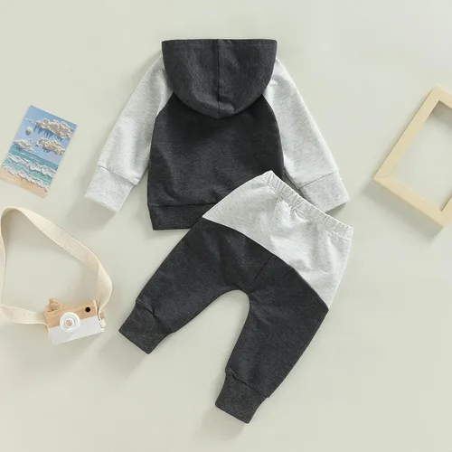 Miniatura 136 de Ropa de bebé niño 3 6 9 12 18 24M 3T Conjunto de pantalones con capucha patchwork sudadera con capucha pantalones de rayas traje de otoño invierno
