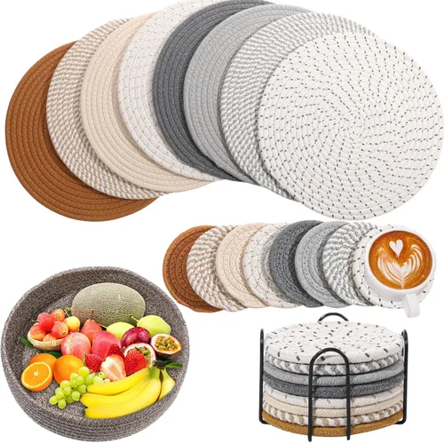 Juego de 16 manteles individuales redondos bohemios tejidos de 4/6/8, salvamanteles para platos, almohadillas calientes resistentes al calor,