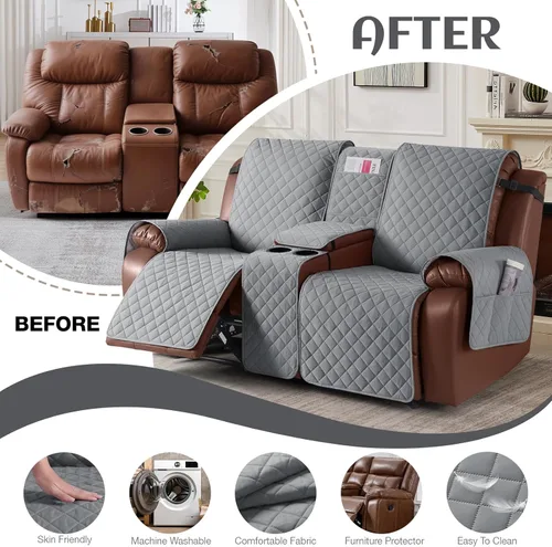 Miniatura 6 de KinCam Funda 100% impermeable para sofá biplaza reclinable con consola, fundas antideslizantes para sofá reclinable de 2 asientos, funda de sofá Gris