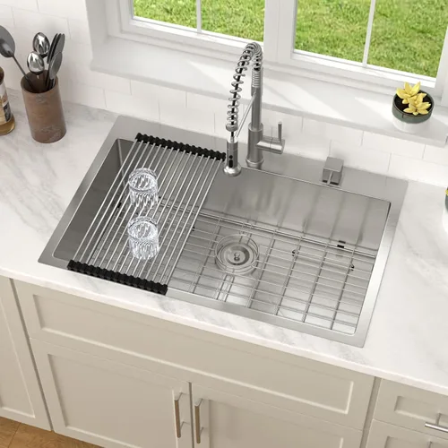 Miniatura 3 de Dcolora Fregadero de Cocina Empotrable de 30 Pulgadas Estación de Trabajo Calibre 16 Acero Inoxidable 304 Un Solo Tazón Montaje Superior, Esquina