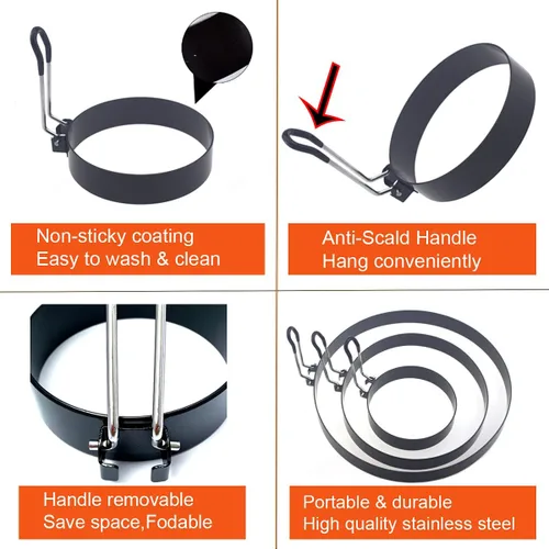 Miniatura 3 de Juego de olla de huevos de acero inoxidable, anillo de tortilla de 8 pulgadas, anillo para panqueques de 6 pulgadas, anillo de huevo de plancha de 4