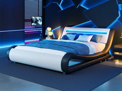 Miniatura 9 de WEEWAY Moderno marco de cama matrimonial con cabecera de luces LED RGBW, diseño de trineo tapizado de perfil bajo, soporte de listones de madera