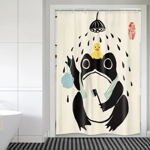 Miniatura 3 de Juego Divertido de Cortina de Rana Retro para Ducha, Juego de Baño 48x71 Pulgadas, Estilo Asiático Lindo, Arte Japonés Tradicional de Pato de Goma