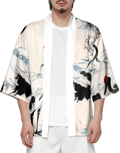 Miniatura 7 de DOSLAVIDA Conjunto de chaqueta kimono japonesa para hombre, elegante abrigo frontal abierto con pantalones cortos, estilo chino, cárdigan impreso
