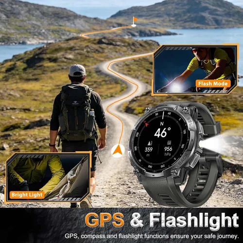 Miniatura 3 de Relojes inteligentes militares para hombres (respuesta/hacer llamadas) con GPS de 1.43 pulgadas HD, reloj inteligente táctico al aire libre