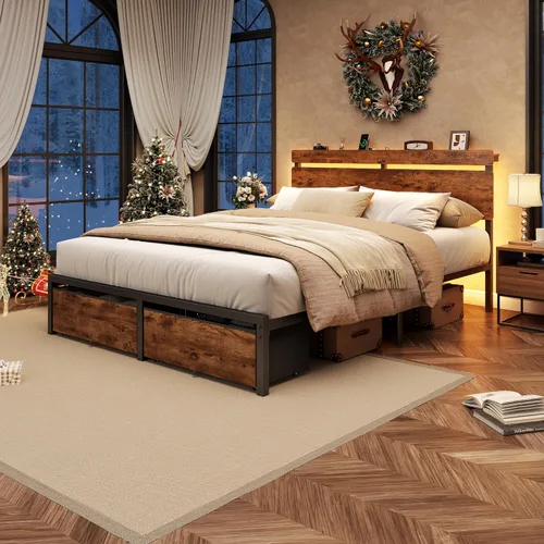 Miniatura 5 de Forestell Base de cama Queen con cabecera de madera, cama de plataforma de metal con 2 cajones de almacenamiento y estante, estación de carga Marrón