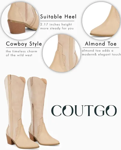 Miniatura 7 de Coutgo Botas vaqueras hasta la rodilla para mujer, botas vaqueras occidentales con punta ancha y punta puntiaguda