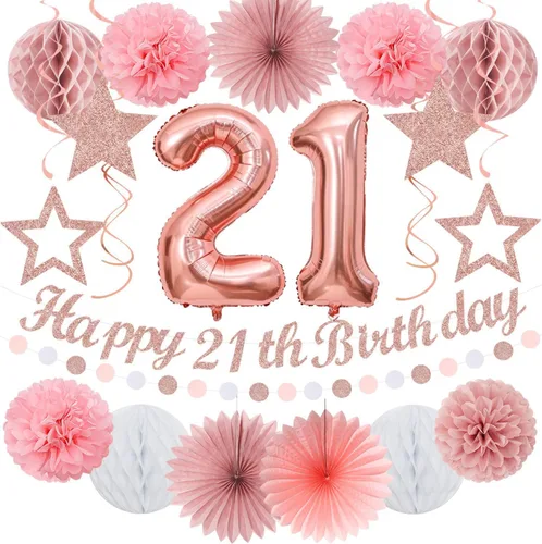 Miniatura 22 de Cartel de feliz cumpleaños rosa y negro para decoración de fiesta – 31 piezas de oro rosa 14º 40º para mujeres y niñas, faroles de papel