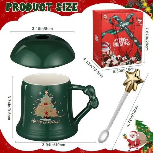 Miniatura 3 de Sliner Taza de Navidad de Cerámica Feliz Navidad Taza de Árbol de Navidad con Cuchara de Estrella y Tapa Taza de Santa para Regalos de Navidad
