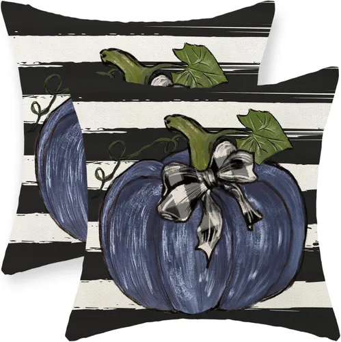 Miniatura 31 de Juego de 2 fundas de almohada de otoño de 16 x 16 pulgadas, diseño de calabaza azul y naranja, decoración de Acción de Gracias, decoración de otoño
