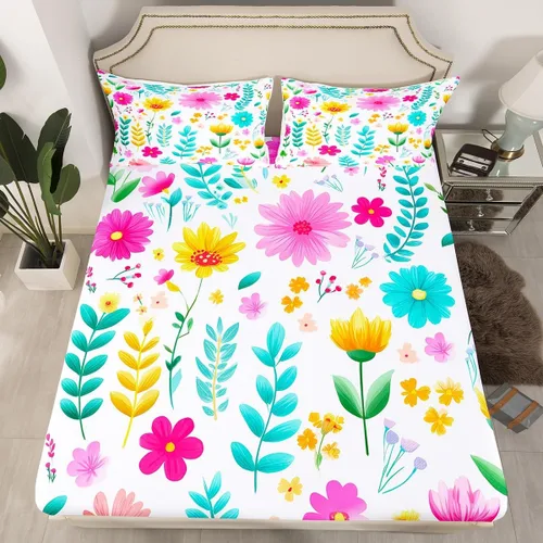 Miniatura 4 de Manfei Juego de sábanas de acuarela floral tamaño individual, juego de ropa de cama con flores botánicas, juego de sábanas de dibujos animados