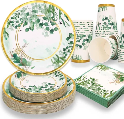 Miniatura 13 de Juego de 350 platos de papel floral, platos desechables con borde dorado para 50 invitados, suministros de fiesta para adultos, jardín, fiesta